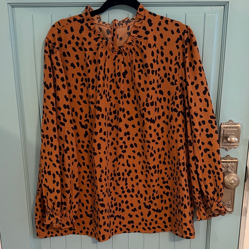 Rust Animal Print Long-Sleeve Peasant Blouse